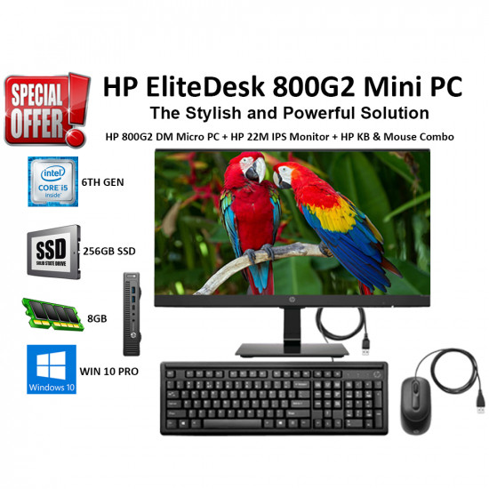 Renewed HP EliteDesk 800 G2 Mini Business Desktop PC I Intel Quad-Core i5-6500T up to 3.1Ghz I 8GB DDR4 I 256GB SSD I Windows 10 Professional 64 Bit I HP 21.5" FHD Monitor I HP USB K/B Mouse KT Wired used, refurbished,
