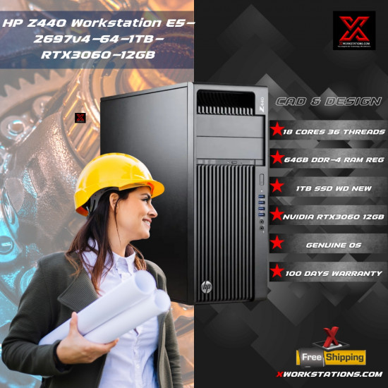 HP Z440 Workstation Intel® Xeon® 18 Cores & 36Threads Processor E5-2697 v4 Processor 45M Cache up to 3.60GHz I 64GB RAM I 1TB SSD I Windows 10 Pro I Nvidia RTX 3060 12GB Graphics I Black I 15 Kg