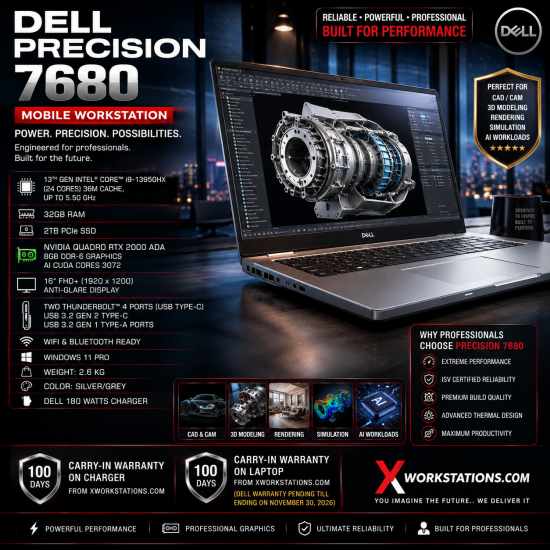 DELL PRECISION 7680 Mobile Workstation (13th Generation Intel® Core™ i9-13950HX Processor 36M Cache, up to 5.50 GHz  I 16" FHD Display I 32GB RAM I 2TB NVMe SSD I Windows 11 Pro I Nvidia Quadro RTX 2000 ADA 8GB Graphics I Silver I 2.6 Kg