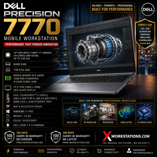 DELL PRECISION 7770 Mobile Workstation (12th Generation Intel® Core™ i7-12850HX Processor 25M Cache, up to 4.80 GHz  I 17.3" FHD Display I 64GB RAM I 1TB NVMe SSD I Windows 11 Pro I Nvidia Quadro RTX A3000 12GB Graphics I Silver I 3.0 Kg