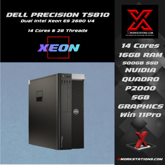 Dell Precision T5810 Workstation Intel® Xeon® 14 Cores & 28 Threads Processor E5-2680 v4 Processor 35M Cache up to 3.30GHz I 16GB RAM I 500GB SSD I Windows 10 Pro I Nvidia Quadro P2000 5GB Graphics I Black I 12 Kg