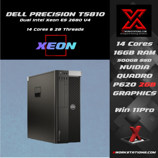 Dell Precision T5810 Workstation Intel® Xeon® 14 Cores & 28 Threads Processor E5-2680 v4 Processor 35M Cache up to 3.30GHz I 16GB RAM I 500GB SSD I Windows 10 Pro I Nvidia Quadro P620 2GB Graphics I Black I 12 Kg