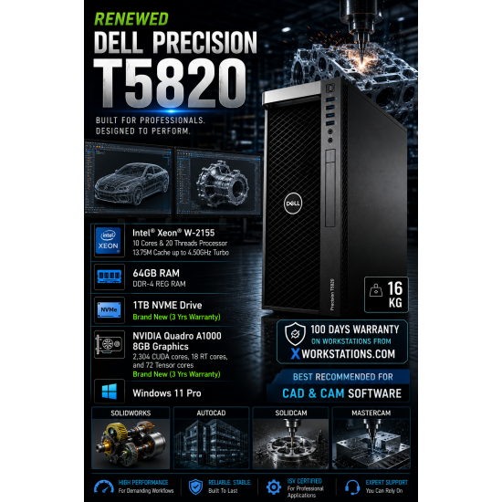 Dell Precision T5820 I Intel® Xeon® W-2155 10 Cores & 20 Threads Processor 13.75M Cache up to 4.50GHz Turbo I 64GB RAM I 1TB NVMe SSD I Windows 11 Pro I Nvidia Quadro A1000 8GB Graphics I Black I 16 Kg Dell Precision T5820 I Intel® Xeon® W-2155 10 Cores & 20 Threads Processor 13.75M Cache up to 4.50GHz Turbo I 64GB RAM I 1TB NVMe SSD I Windows 11 Pro I Nvidia Quadro A1000 8GB Graphics I Black I 16 Kg