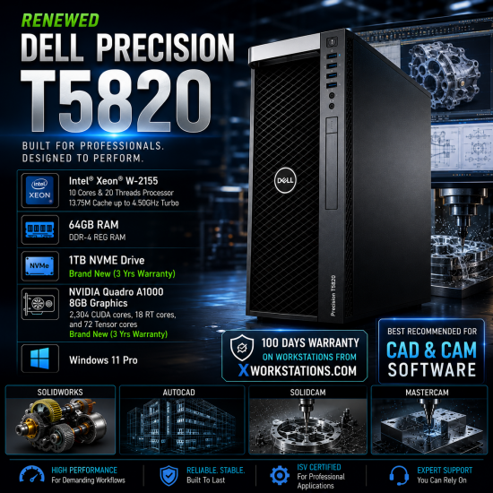 Dell Precision T5820 I Intel® Xeon® W-2155 10 Cores & 20 Threads Processor 13.75M Cache up to 4.50GHz Turbo I 64GB RAM I 1TB NVMe SSD I Windows 11 Pro I Nvidia Quadro A1000 8GB Graphics I Black I 16 Kg Dell Precision T5820 I Intel® Xeon® W-2155 10 Cores & 20 Threads Processor 13.75M Cache up to 4.50GHz Turbo I 64GB RAM I 1TB NVMe SSD I Windows 11 Pro I Nvidia Quadro A1000 8GB Graphics I Black I 16 Kg