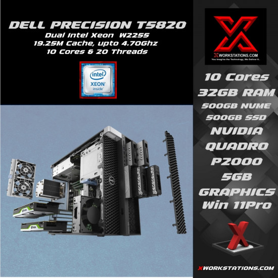 Dell Precision T5820 I Intel® Xeon® W-2255 10 Cores & 20 Threads Processor 19.25M Cache up to 4.70GHz Turbo I 32GB RAM I 500GB NVME+500GB SATA SSD I Windows 11 Pro I Nvidia Quadro P2000 5GB Graphics I Black I 16 Kg