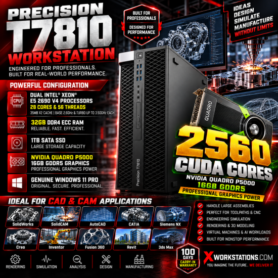 Dell Precision T7810 Workstation Dual Xeon® E5 2690 V4 (14CX2) 28 Cores & 56 Threads Processor 35MB X2 Cache Base 2.6GHz & Turbo up to 3.50 Ghz Each I 32GB RAM I 1TB SATA SSD I Windows 11 Pro I Nvidia Quadro P5000 16GB Graphics Dell Precision T7810 Workstation Dual Xeon® E5 2690 V4 (14CX2) 28 Cores & 56 Threads Processor 35MB X2 Cache Base 2.6GHz & Turbo up to 3.50 Ghz Each I 32GB RAM I 1TB SATA SSD I Windows 11 Pro I Nvidia Quadro P5000 16GB Graphics