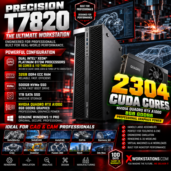 Dell Precision T7820 I Dual Xeon® Platinum 8173M (28CX2) 56 Cores & 112 Threads Processor 38.5 MB X2 Cache Base 2.0GHz & Turbo up to 3.50GHz Each I 32GB RAM I 500GB NVMe SSD + 1TB SATA SSD I Windows 11 Pro I Nvidia Quadro RTX A1000 8GB Graphics Dell Precision T7820 I Dual Xeon® Platinum 8173M (28CX2) 56 Cores & 112 Threads Processor 38.5 MB X2 Cache Base 2.0GHz & Turbo up to 3.50GHz Each I 32GB RAM I 500GB NVMe SSD + 1TB SATA SSD I Windows 11 Pro I Nvidia Quadro RTX A1000 8GB Graphics