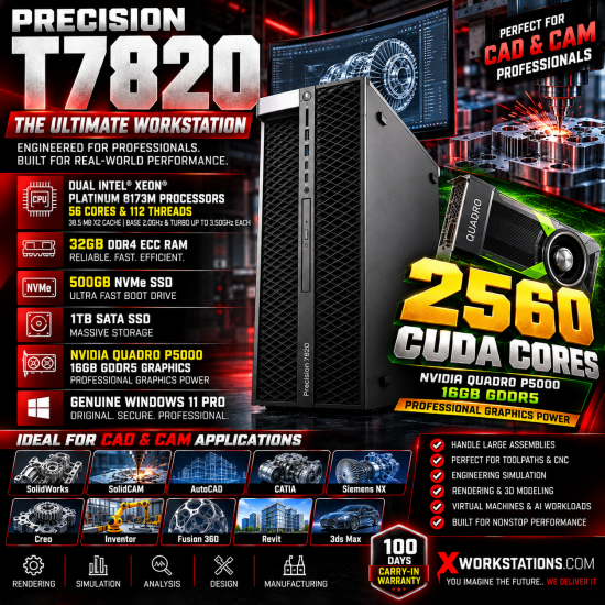 Dell Precision T7820 I Dual Xeon® Platinum 8173M (28CX2) 56 Cores & 112 Threads Processor 38.5 MB X2 Cache Base 2.0GHz & Turbo up to 3.50GHz Each I 32GB RAM I 500GB NVMe SSD + 1TB SATA SSD I Windows 11 Pro I Nvidia Quadro P5000 16GB Graphics Dell Precision T7820 I Dual Xeon® Platinum 8173M (28CX2) 56 Cores & 112 Threads Processor 38.5 MB X2 Cache Base 2.0GHz & Turbo up to 3.50GHz Each I 32GB RAM I 500GB NVMe SSD + 1TB SATA SSD I Windows 11 Pro I Nvidia Quadro P5000 16GB Graphics