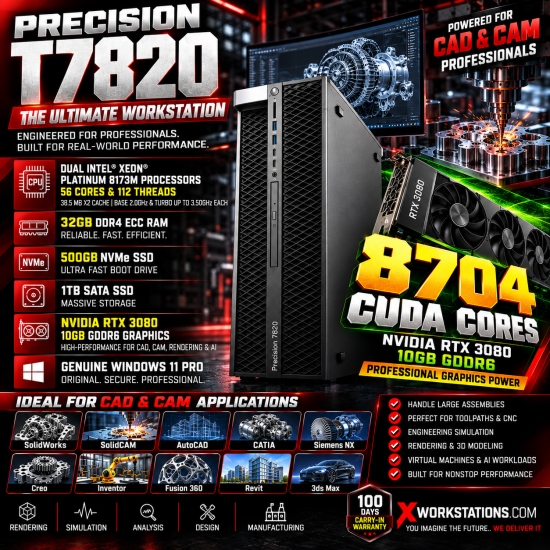 Dell Precision T7820 I Dual Xeon® Platinum 8173M (28CX2) 56 Cores & 112 Threads Processor 38.5 MB X2 Cache Base 2.0GHz & Turbo up to 3.50GHz Each I 32GB RAM I 500GB NVMe SSD + 1TB SATA SSD I Windows 11 Pro I Nvidia RTX3080 10GB Graphics Dell Precision T7820 I Dual Xeon® Platinum 8173M (28CX2) 56 Cores & 112 Threads Processor 38.5 MB X2 Cache Base 2.0GHz & Turbo up to 3.50GHz Each I 32GB RAM I 500GB NVMe SSD + 1TB SATA SSD I Windows 11 Pro I Nvidia RTX3080 10GB Graphics