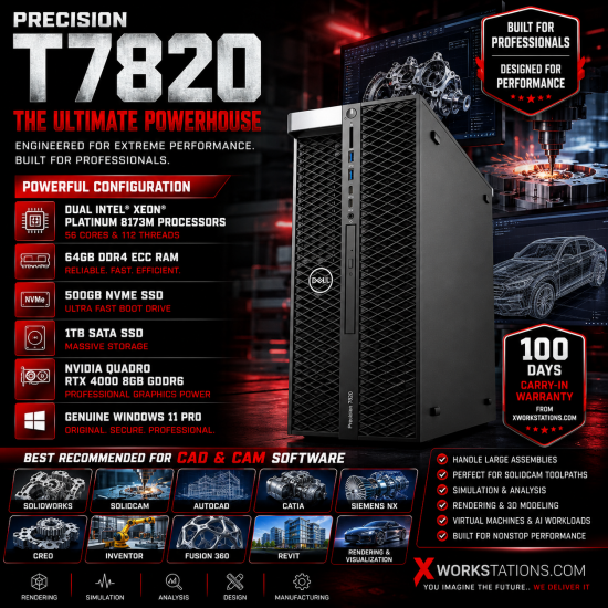 Dell Precision T7820 I Dual Xeon® Platinum 8173M (28CX2)  56 Cores & 112 Threads Processor 38.5MBX2 Cache Base 2.0GHz & Turbo up to 3.50GHz Each I 64GB RAM I 500GB NVMe SSD + 1TB SATA SSD  I Windows 11 Pro I Nvidia Quadro RTX4000 8GB Graphics