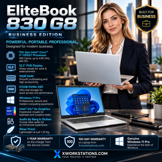HP EliteBook 830 G8 11th Gen Intel® Core™ i7-1185G7 Processor 12M Cache, up to 4.80 GHz, with IPU I 13.3" FHD Display I 16GB RAM I 512GB NVMe SSD I Windows 11 Pro I Intel® Iris® Xe Graphics I Audio By Bang & Olufsen I Silver I 1.32 Kg