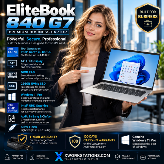 HP EliteBook 840 G7 Premium Laptop 10th Generation Intel® Core™ i5-10310U Processor 6M Cache, up to 4.40 GHz I 14" FHD Display I 16GB RAM I 256GB NVMe SSD I Windows 11 Pro I Intel® UHD Graphics I Audio By Bang & Olufsen I Silver I 1.4Kg