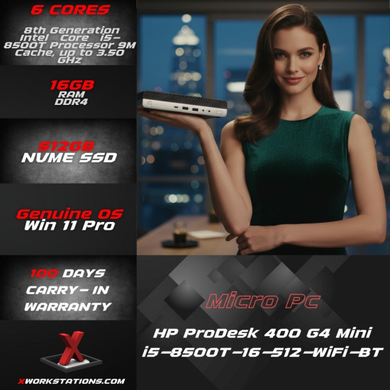 HP ProDesk 400 G4 Desktop Mini PC 8th Generation Intel® Core™ i5-8500T Processor 9M Cache, up to 3.50 GHz I 16GB RAM I 512GB PCIe SSD I Windows 11 Pro I UHD 630 Graphics I Wifi Ready I Hp 65 Watts Charger I Silver-Black I 1.48 Kg