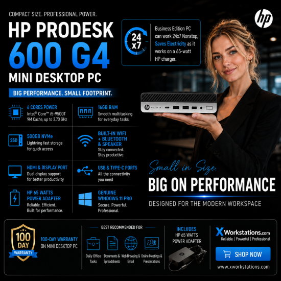 HP ProDesk 600 G4 Mini Desktop PC - 9th Generation Intel® Hexa Core™ i5-9500T Processor 9M Cache, up to 3.70 GHz I 16GB RAM I 500GB PCIe SSD I Windows 11 Pro I UHD 630 Graphics I Wifi Ready I Hp 65 Watts Charger I Silver-Black I 1.48 Kg
