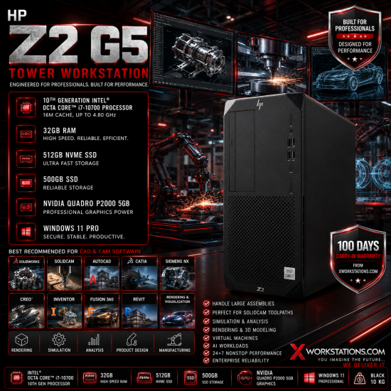 HP Z2 G5 Tower Workstation 10th Generation Intel® Octa Core™ i7-10700 Processor 16M Cache, up to 4.80 GHz I 32GB RAM I 512GB NVME+500GB SSD I Windows 11 Pro I Nvidia Quadro P2000 5GB Graphics I Black I 10 Kg HP Z2 G5 Tower Workstation 10th Generation Intel® Octa Core™ i7-10700 Processor 16M Cache, up to 4.80 GHz I 32GB RAM I 512GB NVME+500GB SSD I Windows 11 Pro I Nvidia Quadro P2000 5GB Graphics I Black I 10 Kg