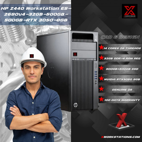 HP Z440 Workstation Intel® Xeon® 14 Cores & 28 Threads Processor E5-2680 v4 Processor 35M Cache up to 3.30GHz I 32GB RAM I 500GB+500GB SSD I Windows 10 Pro I Nvidia RTX 3050 8GB Graphics I Black I 12 Kg HP Z440 Workstation Intel® Xeon® 14 Cores & 28 Threads Processor E5-2680 v4 Processor 35M Cache up to 3.30GHz I 32GB RAM I 500GB+500GB SSD I Windows 10 Pro I Nvidia RTX 3050 8GB Graphics I Black I 12 Kg