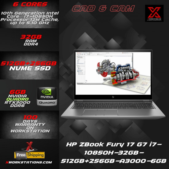 HP ZBook Fury 17 G7 Mobile Workstation 10th Generation Intel® Hexa Core™ i7-10850H Processor 12M Cache, up to 5.10 GHz I 17" FHD Display I 32GB RAM I 512GB+256GB  PCIe SSD I Windows 11 Pro I Nvidia Quadro RTX3000 6GB I Silver 2.76 Kg
